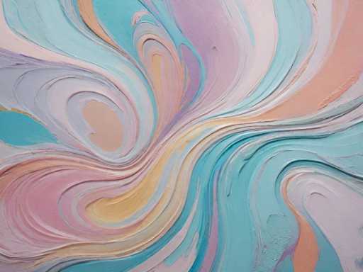 The image is an abstract, fluid painting with swirling, organic shapes in soft pastel hues of blue, pink, and beige. The brushstrokes are visible, creating a textured surface with a sense of movement. The composition is dynamic, with the shapes radiating from a central point, creating an eye-catching, dreamlike effect. The style is reminiscent of contemporary abstract art, emphasizing color and texture over representational forms.