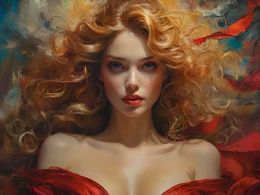 This image is a highly detailed, photorealistic painting of a young woman with strikingly curly, reddish-blonde hair that cascades around her face and shoulders. Her hair is a blend of blonde and red hues, with some strands appearing almost orange. She has fair skin, blue eyes, and is wearing red lipstick. The woman is dressed in a low-cut, red dress that reveals her shoulders and chest, with the fabric flowing around her. The background is a swirling mix of colors, including reds, blues, and grays, creating a dynamic and somewhat abstract setting that contrasts with the more realistic portrayal of the woman. The overall composition gives the impression of a modern, artistic portrait with a touch of classic beauty.