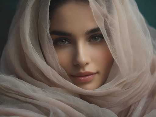 This image features a close-up of a woman's face, framed from her forehead down to just below her chin. She has striking green eyes and dark eyebrows, with a hint of her dark hair visible at the top of the frame. Her complexion is fair, and she wears a subtle, closed-mouth smile. The woman is adorned with a sheer, white scarf that drapes elegantly around her head and neck, adding a soft, ethereal quality to the portrait. The background is a solid dark green, which contrasts beautifully with her light features and the delicate scarf. The overall composition is simple yet captivating, focusing solely on the woman's serene expression and the graceful folds of her scarf.