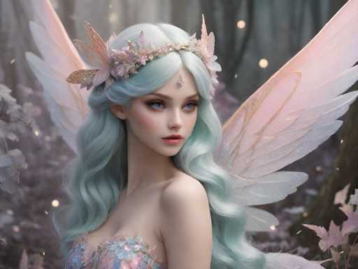 The image depicts a highly detailed, computer-generated fantasy scene featuring a young fairy with long, wavy, light blue hair. She is adorned with a delicate, leafy crown and a small, silver ornament on her forehead. Her striking blue eyes and pink lips add to her ethereal beauty. The fairy is dressed in a shimmering, iridescent top that appears to be made of scales or leaves, blending hues of blue, pink, and purple. She has large, pinkish-white wings that extend gracefully from her back. The background is a mystical forest with a mix of gray and pink tones, dotted with glowing orbs of light and surrounded by pink leaves and flowers. The fairy is positioned centrally in the image, gazing slightly to the right, creating a serene and enchanting atmosphere.