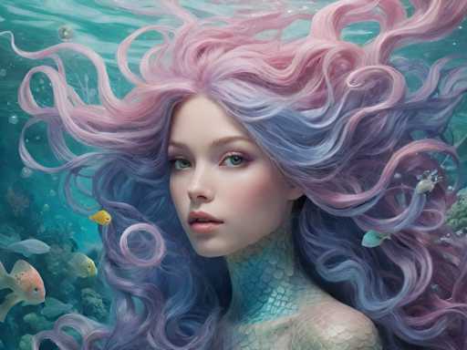 This image is a detailed, computer-generated illustration of a mermaid with long, flowing hair that transitions from pink at the top to blue at the bottom. Her hair is wavy and appears to be moving in the water, giving a sense of motion. The mermaid has striking blue eyes and is looking directly at the viewer. Her neck and shoulders are covered in blue and white scales, extending down to her chest. She has a fair complexion with pink lips and a slight smile. The background depicts an underwater scene with various fish swimming around her, including yellow, blue, and orange fish. The water is a mix of blue and green hues, with bubbles rising from the bottom. There are also some rocks and coral visible in the background, adding to the aquatic atmosphere. The overall style of the image is reminiscent of a fantasy or fairytale illustration, with a focus on the mermaid's ethereal presence in her watery domain.