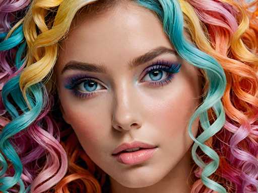 This close-up photograph captures the face of a young woman with fair skin and striking blue eyes. Her makeup is bold and artistic, featuring heavy purple eyeshadow with blue accents and long, dramatic eyelashes. Her eyebrows are brown, and her lips are adorned with a glossy pink lipstick. The woman's hair is a vibrant mix of colors, including shades of yellow, pink, blue, and orange, styled in tight curls that frame her face. Her expression is neutral, with her mouth slightly open, revealing her two front teeth. The image focuses on her face and hair, with no other objects or people visible, and the background is a plain white, emphasizing her colorful and detailed appearance.