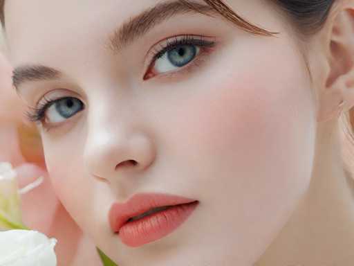 This close-up photograph captures the face of a young woman, likely in her late teens or early twenties, with striking blue eyes and dark brown hair. Her complexion is fair, and she wears minimal makeup, including a light pink lipstick and subtle eye makeup. Her lips are slightly parted, revealing a hint of her teeth. The image is cropped just above her eyebrows and at her chin, showing her from the top of her head to just below her lips. She appears to be looking directly at the camera with a neutral expression. In the background, there are hints of pink and green, possibly indicating a flower or some other object, though it's not clearly defined. The overall composition focuses on her face, with the background details adding a soft, blurred effect.