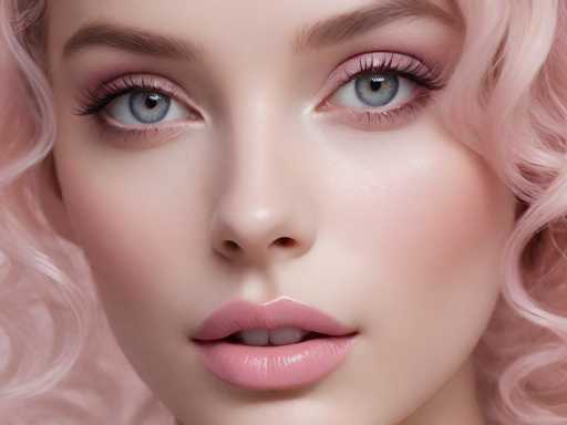 This image is a close-up of a young woman's face, likely in her late teens or early twenties. She has striking blue eyes with a hint of green, framed by long, dark eyelashes and pink eyeshadow. Her eyebrows are brown, and her lips are painted a light pink shade. Her hair is a very light pink, almost white, and styled in soft curls that fall just below her ears. The woman's complexion is very fair, and she has a subtle, almost neutral expression with her mouth slightly open, revealing her two front teeth. The background is a light pink color, complementing her overall soft and delicate appearance.
