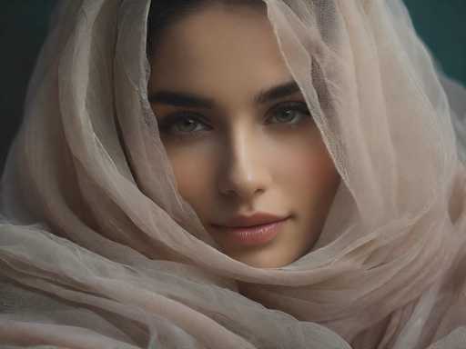 A woman with long brown hair is wearing a beige headscarf and has her eyes closed as she gazes directly into the camera.