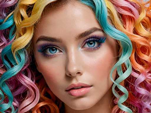 A young woman with long, curly hair is the main subject of this image. Her hair is a vibrant mix of colors including blue, green, pink, and orange. The background is intentionally blurred to draw focus to her face.