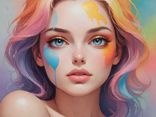 This image is a detailed, computer-generated illustration of a young woman, likely in her late teens or early twenties. She has striking blue eyes and pink lips, with a complexion that appears to be Caucasian. Her hair is a vibrant mix of colors, including shades of pink, orange, yellow, blue, and purple, styled in a wavy, shoulder-length bob. The background features a blend of blue, green, and purple hues, creating a dreamy atmosphere.

The woman's face is adorned with various paint splatters: a large orange splotch on her forehead, a blue splotch on her right cheek that drips down, and an orange splotch on her left cheek. Her expression is neutral, with her mouth slightly open, revealing her top teeth. The overall composition of the image is square, and the woman's face is centered, making her the focal point of the artwork.