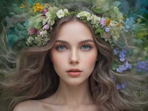 A young woman with long brown hair is the main subject of this image. She has a flower crown on her head that is made up of various flowers and leaves, including purple, yellow, white, and green elements. The background features a lush garden filled with trees and bushes in shades of blue, green, and purple.