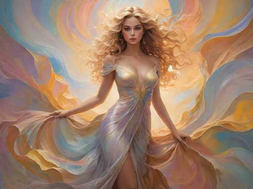 This image is a detailed, computer-generated painting of a young woman with long, wavy blonde hair that cascades down to her chest. She is depicted wearing a low-cut, sleeveless dress that features a blend of pastel colors, including shades of purple, blue, and yellow. The dress has a high slit on the left side, revealing her leg. The woman is holding the ends of her dress in both hands, causing it to billow out around her, creating a dynamic and flowing effect. She has a serious expression on her face, with her eyes looking directly at the viewer. The background is a swirling mix of pastel colors, including blues, yellows, pinks, and purples, which blend together to create a vibrant and ethereal atmosphere. The overall composition gives the impression of a dreamy, almost otherworldly scene.