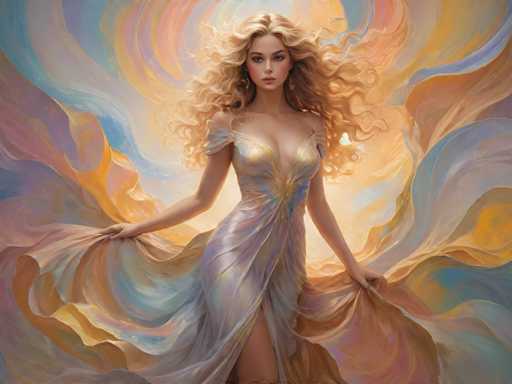 The image depicts a woman with blonde hair wearing a long dress and holding her hands out to the side. The background is a vibrant mix of colors that swirls around the woman, creating an ethereal atmosphere.