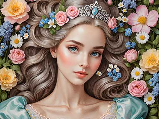 The image depicts a young girl with long blonde hair wearing a tiara and surrounded by flowers of various colors including pink, yellow, blue, and white. The girl is lying on her back in the center of the frame, facing towards the right side of the image.