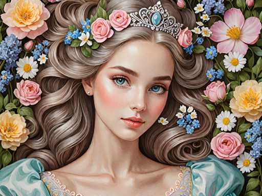 This image is a detailed, computer-generated illustration of a young woman, possibly in her late teens or early twenties, with a strikingly realistic appearance. She has long, wavy, light brown hair adorned with a silver tiara featuring a prominent blue jewel. Her blue eyes are accentuated by brown eyebrows, and her lips are painted a soft pink. She wears a light blue dress with puffy sleeves, and her collarbone is visible, adding to the lifelike quality of the image. The background is a vibrant array of flowers in various colors, including yellow, pink, blue, white, and orange, creating a lush, colorful frame around her head. The flowers are intricately detailed, with some appearing to be part of the digital artwork, enhancing the overall aesthetic. The woman's head is slightly tilted to the right, and she gazes directly at the viewer, creating a captivating and enchanting portrait.
