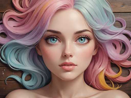 A close-up portrait of a young woman with vibrant, voluminous hair dominates the image. Her face is softly lit, highlighting her large, expressive blue eyes and delicate features. The hair is a blend of pastel pink, light blue, and peach tones, styled in loose curls that cascade around her face. The background is a rustic wooden surface with visible grain, providing a textured contrast to the smooth skin of her face. The overall art style is digital painting, with a focus on soft lighting and detailed rendering to create an ethereal and slightly fantastical aesthetic.