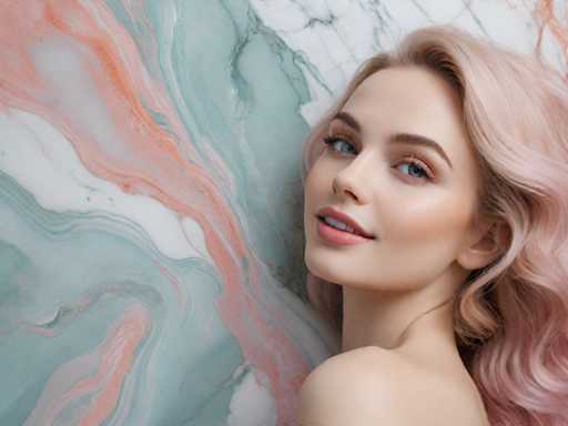 A woman with blonde hair is leaning against a marble wall that has a pink and blue swirl pattern on it. The background of the image is white, which contrasts with the colorful mural behind her.
