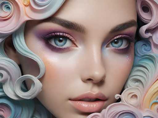 This image is a close-up of a young woman's face, likely in her late teens or early twenties, with a highly realistic yet subtly artificial quality that suggests it may be AI-generated. Her skin is very pale, and she has striking blue eyes accentuated by heavy purple eyeshadow and mascara. Her eyebrows are thick and dark brown, complementing her overall look. Her lips are a soft pink, slightly parted to reveal her two front teeth. The woman's hair is a fantastical mix of pastel colors—pink, blue, and white—curled and styled in an intricate, almost clay-like texture that adds to the surreal quality of the image. The background is a blend of these same pastel hues, creating a dreamy, ethereal atmosphere. The image is tightly cropped, focusing solely on her face and the elaborate hair surrounding it, with no other elements visible.