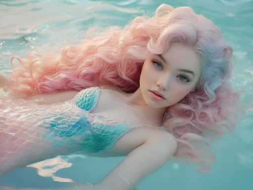 A young woman with long pink hair is floating on her back in a pool of light blue water. She is wearing a mermaid-style swimsuit that has a teardrop pattern and a green strap across the chest. The background is blurred, but it appears to be a beach or ocean setting.