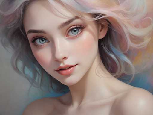 This image is a detailed, computer-generated illustration of a young woman, likely in her early 20s, with a striking and ethereal appearance. She has wavy, multi-colored hair that blends shades of pink, blue, yellow, and white, giving it a dreamlike quality. Her hair is short, reaching down to her shoulders, with a mix of blonde and pink highlights. She has large, expressive blue eyes accentuated by long eyelashes and brown eyebrows. Her face is adorned with pink blush on her cheeks and light pink lipstick, giving her a fresh and youthful look. She is depicted from the shoulders up, with her bare shoulders visible, suggesting she might be wearing a strapless top or dress. The background is a soft blend of blue, pink, and gray hues, enhancing the overall dreamy and artistic feel of the image. The woman's head is slightly tilted to the left, and she gazes directly at the viewer, creating a captivating and engaging portrait.