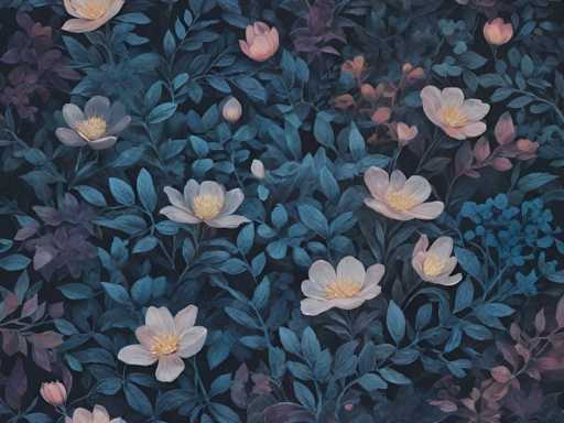 The image showcases a dark, painterly floral pattern with muted blues and dusty pinks. Soft, stylized flowers with delicate petals are scattered amidst deep teal leaves, creating a dreamlike, vintage aesthetic. The composition is densely packed, with overlapping elements suggesting depth and an organic feel. The art style leans towards a romantic, illustrative quality, reminiscent of a botanical print or wallpaper design.