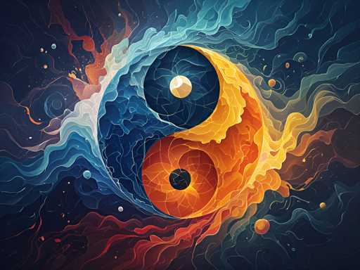 The image is an abstract painting featuring a vibrant yin and yang symbol composed of two circles - one blue and one orange - surrounded by swirling lines and dots in shades of red, yellow, and white. The background is a dark blue color with small white dots scattered throughout the canvas.