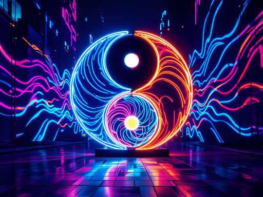The image shows an abstract piece of art featuring a large circle with two halves, one black and the other blue, connected by a line that curves around them. The colors used for the circles are neon blue and neon pink, creating a vibrant and dynamic visual effect. The background is dark and filled with lines and shapes in various shades of purple and orange, adding depth to the piece.