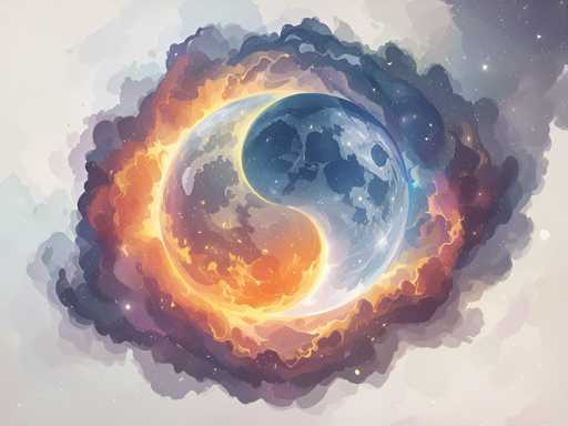 The image depicts a detailed watercolor painting of a celestial scene. At the center of the composition is a large, yin-yang styled planet, split into two distinct halves. The left side of the planet is a dark blue, while the right side is a light blue, with both halves seamlessly merging into each other. Surrounding this central planet is a ring of fire, with vibrant hues of orange and yellow, interspersed with hints of purple. This fiery ring is encircled by a cloud-like formation that transitions from dark blue to lighter blue, eventually blending into a grayish-white at the edges. The background of the painting is a light gray, dotted with numerous white stars, particularly concentrated in the top right corner. The overall effect is a harmonious blend of cosmic elements, creating a visually captivating and serene celestial landscape.