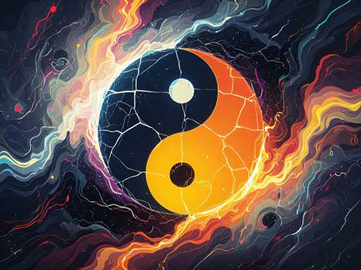 This vibrant, abstract painting features a central yin-yang symbol that appears to be cracked and shattering, with white cracks radiating outward. The yin-yang is composed of a dark blue or black circle on the left, containing a small white circle, and an orange circle on the right, housing a small black circle. Surrounding the yin-yang are swirling, wavy patterns in a spectrum of colors including red, orange, yellow, green, blue, purple, and pink, creating a dynamic and energetic effect. The background is predominantly dark, with hints of a starry night sky, enhancing the contrast and making the vivid colors pop. The overall composition is reminiscent of a cosmic explosion or a celestial event, blending elements of space and abstract artistry.