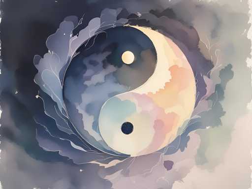 This image is a detailed watercolor painting of a yin-yang symbol, centrally positioned within a square frame. The yin-yang is depicted with a black dot in the white section and a white dot in the black section, symbolizing the balance of opposing forces. Surrounding the yin-yang are intricate, cloud-like shapes that resemble leaves or petals, rendered in a palette of purples, blues, and grays. The background features a blend of dark and light gray tones, with the top left corner being notably darker. The overall composition is abstract and artistic, with the yin-yang and its surrounding elements creating a harmonious yet dynamic visual effect.