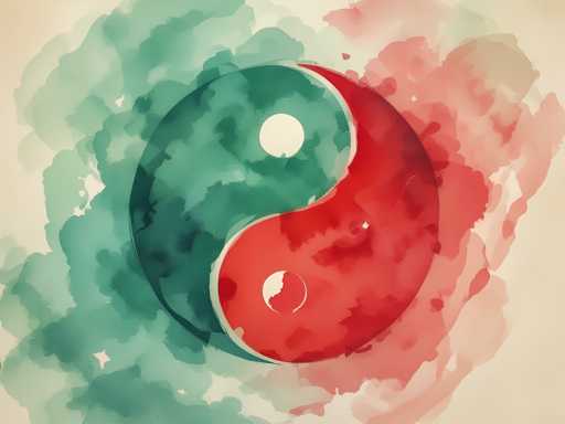 This image features a detailed watercolor painting of a yin-yang symbol set against a light beige background. The yin-yang, centrally positioned, is depicted as a large circle divided into two distinct halves: the left half is a dark green with a white dot at its center, while the right half is a dark red with a white crescent moon shape within it. Surrounding the yin-yang are abstract watercolor splotches that echo the colors of the symbol. The green splotches are concentrated on the left side, extending from the top to the bottom of the image, while the red splotches are primarily on the right side, with a few blending into the green. The overall composition is symmetrical, with the splotches balancing the central yin-yang, creating a harmonious and visually appealing piece.