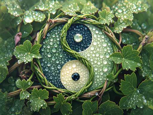 The image depicts a meticulously crafted yin-yang symbol made from natural materials. The symbol is formed by intertwining green vines and brown branches, creating a harmonious blend of colors and textures. The left side of the yin-yang is predominantly green, while the right side is a lighter shade of green. Both halves are adorned with water droplets, enhancing the organic feel of the artwork. The center of the symbol features a small black dot, adding contrast and balance to the design. Surrounding the yin-yang are lush green leaves, also covered in water droplets, which further emphasize the natural theme. The entire composition is set against a dark background, making the vibrant greens and intricate details of the symbol stand out prominently.