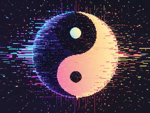 The image depicts a vibrant, computer-generated yin-yang symbol set against a black background. The yin-yang is composed of two main circles: the left circle is black with a white dot in the center, while the right circle is white with a black dot in the center. Surrounding the yin-yang are numerous small, colorful dots in shades of pink, blue, yellow, and orange, creating a dynamic and lively atmosphere. Additionally, there are horizontal lines radiating outward from the yin-yang in various colors, including pink, blue, yellow, and orange, adding to the overall sense of movement and energy in the image. The intricate design and vivid colors make the image visually striking and captivating.