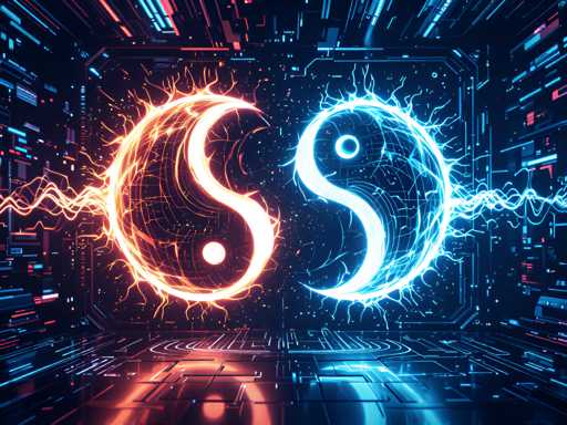 The image depicts a futuristic, high-tech room with a dark background illuminated by vibrant neon lights. The walls and floor are adorned with intricate patterns of blue, red, and white lines, creating a grid-like effect that resembles an advanced circuit board. Dominating the center of the room are two large, glowing yin-yang symbols. The symbol on the left is primarily orange with a white dot in its center, while the symbol on the right is blue with a white dot. Both symbols emit an electric current, with lines of energy radiating from them. The overall atmosphere is reminiscent of a sci-fi setting, possibly a spaceship or a high-tech laboratory, with the symbols appearing to hover just above the ground.