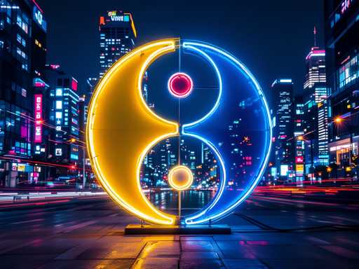 The image depicts a vibrant, neon-lit cityscape at night, dominated by a large, illuminated yin-yang symbol in the center. The yin-yang, which appears to be made of neon lights, features a yellow left side and a blue right side, with a red circle at the top of the blue side and a yellow circle at the bottom of the yellow side. The symbol is mounted on a black base, standing prominently on a dark gray sidewalk. Surrounding the yin-yang are tall buildings adorned with neon signs, creating a dazzling display of colors including yellow, blue, red, pink, and purple. The scene is set on a street with visible traffic, as evidenced by streaks of red and white lights from moving cars. The overall atmosphere is one of urban energy and modernity, with the neon lights reflecting off the wet pavement, adding to the dynamic and lively feel of the city at night.