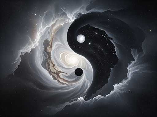 The image depicts a cosmic yin-yang symbol, with swirling nebulae in shades of white and gray forming the black and white halves. A smaller, dark black sphere is nestled within the white portion, while a larger, pale white sphere resides in the black portion. Scattered stars punctuate the dark background, emphasizing the vastness of space. The art style is a blend of digital painting and abstract design, creating a visually captivating representation of cosmic balance.