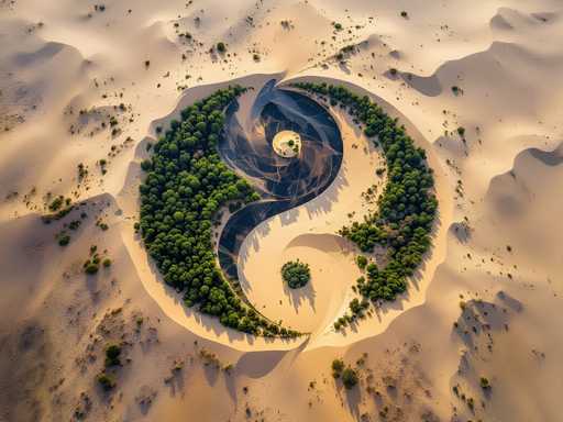 This aerial photograph captures a strikingly surreal landscape where the natural environment has been artistically manipulated. The scene is dominated by vast expanses of sand dunes, creating a stark, arid backdrop. At the center of this sandy expanse lies a meticulously crafted circular formation, resembling a yin-yang symbol. This circle is composed of contrasting elements: one half is densely populated with trees, while the other half remains bare, showcasing only sand. The trees form a lush, green border that stands in sharp contrast to the surrounding barren sand. Within this circular design, intricate swirls and patterns add complexity to the composition, further enhancing the visual impact. The overall effect is a mesmerizing blend of natural and artificial elements, creating a harmonious yet strikingly unusual landscape.