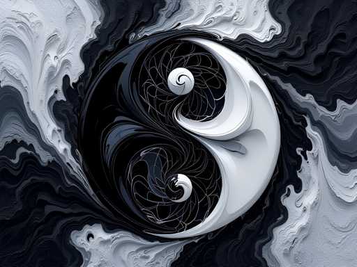 This image features a meticulously crafted yin-yang symbol, rendered in a striking black and white palette. The symbol is composed of two swirling, snail-like shapes that seamlessly blend into each other, creating a harmonious balance. The intricate design is set against a textured background that resembles a mix of black, gray, and white paint, applied in a manner that evokes the appearance of waves or ripples. The entire composition is contained within a square frame, emphasizing the symmetry and contrast of the central yin-yang motif. The overall effect is both visually captivating and symbolically rich, capturing the essence of duality and balance.