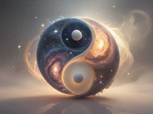 The image depicts a highly detailed, computer-generated representation of a cosmic yin-yang symbol set against a dark gray background filled with stars. The yin-yang is perfectly balanced, with the left side featuring a dark blue hue adorned with swirling patterns reminiscent of the Milky Way galaxy, complete with stars and nebulae. The right side contrasts with a light orange color, also displaying intricate swirls and star formations. At the center of the yin-yang, where the two halves meet, there is a small circle with a dark blue dot, symbolizing the core of balance. Surrounding the central sphere, wisps of smoke or mist emanate, adding a mystical quality to the scene. The entire composition is set on a reflective surface, enhancing the ethereal and cosmic ambiance of the image.