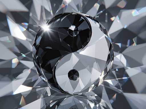The image shows a 3D rendering of a yin and yang symbol composed of black diamonds arranged in the traditional yin and yang pattern. The diamond is positioned at the center of the image, with its reflection visible on the surface below it. The background features a gradient of gray and white colors, creating a visually striking contrast against the black diamond.