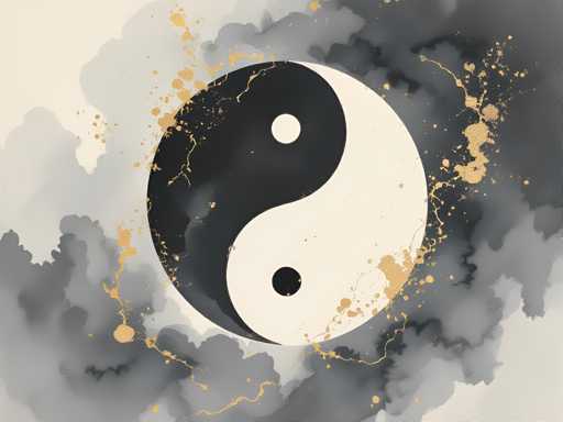 The image depicts a detailed painting of a yin-yang symbol set against a cloudy background. The yin-yang, centrally positioned, features a black half on the left and a white half on the right, each containing a smaller circle of opposite color. Surrounding the symbol are various shades of gray clouds, with darker grays concentrated on the right side and lighter grays on the left. The background is predominantly white, providing a stark contrast to the intricate details of the yin-yang and the cloudy textures. Additionally, there are gold splatters scattered around the symbol, adding a touch of elegance and complexity to the overall composition.