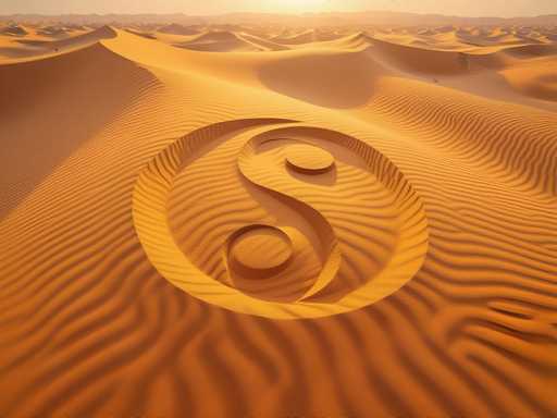 The image depicts a vast desert landscape with undulating sand dunes stretching into the horizon. The sky above is a muted gray, suggesting either dawn or dusk, with the sun just peeking over the distant dunes, casting a soft glow across the scene. The sand is a rich golden-brown, marked by intricate ripples and ridges that create a mesmerizing pattern. In the foreground, prominently featured, is a large, meticulously carved yin-yang symbol. This symbol is not perfectly symmetrical, with the left side appearing slightly larger than the right. The yin-yang is rendered in a lighter shade of gold, standing out against the darker sand, and its design includes a small circle at the top and a larger circle at the bottom, with a curved line sweeping through the middle. The overall effect is a striking contrast between the natural desert landscape and the man-made symbol, creating a visually captivating and thought-provoking image.