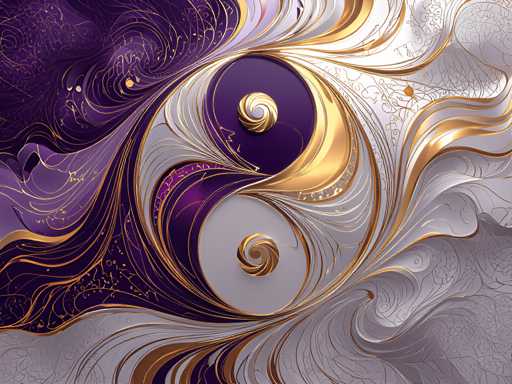 This image is a highly detailed, abstract painting that features a central yin-yang-like design. The composition is divided into two distinct halves: the left side is dominated by deep purples and golds, while the right side is primarily white with intricate gold and purple accents. The central design consists of two large, swirling circles that resemble eyes, with the top circle being purple and the bottom circle white. Both circles have gold swirls at their centers, adding to the yin-yang effect. Surrounding these central elements are numerous gold and purple swirls that extend outward, creating a dynamic and fluid motion across the canvas. The background is a mix of white and gray, with additional gold and purple swirls that enhance the overall sense of movement and complexity. The painting is rich in texture and detail, with no text or numbers present, making it a visually captivating piece of abstract art.