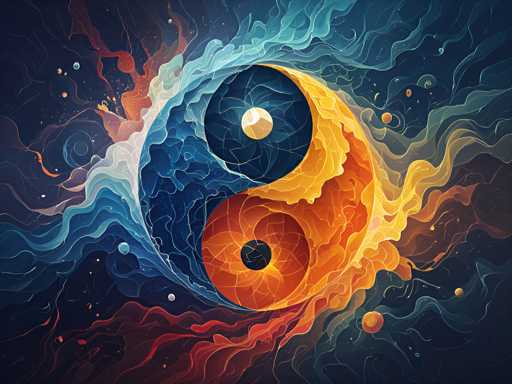 This image is a vibrant and intricate digital artwork featuring a central yin-yang symbol. The yin-yang is composed of swirling, wave-like patterns that resemble smoke or water, with the left side in dark blue and the right side in orange. At the center of the yin-yang, there is a smaller circle that mirrors the larger symbol, with the blue side containing a white dot and the orange side a black dot. Surrounding the central yin-yang are numerous smaller circles in varying shades of orange, yellow, and blue, adding to the complexity of the design. The background is a deep blue, reminiscent of a night sky, with additional swirling patterns in shades of red, orange, and yellow. The entire composition is dynamic, with the colors and shapes blending seamlessly to create a mesmerizing visual effect.