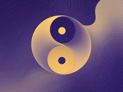 The image features a striking yin-yang symbol prominently centered against a dark blue background. The symbol is rendered in a gradient of yellow, transitioning from a lighter shade at the top to a darker hue at the bottom. The yin-yang's design is intricate, with a dark blue circle on the right side containing a smaller yellow circle, and a lighter yellow circle on the left side housing a smaller dark blue circle. Surrounding the central symbol are numerous thin, wavy lines that resemble topographical or elevation maps, creating a sense of depth and movement. These lines vary in thickness and density, with some areas appearing more concentrated and others more sparse, adding to the dynamic feel of the image. The overall composition is visually captivating, with the interplay of colors and lines drawing the viewer's eye to the harmonious yet contrasting yin-yang symbol.
