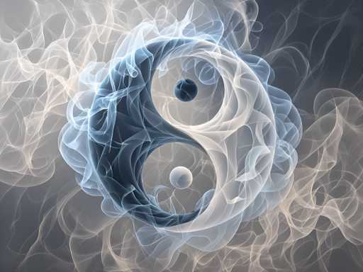 The image features a strikingly detailed yin-yang symbol set against a dark gray background. The symbol itself is composed of intricate, smoke-like swirls that form the classic yin-yang shape. The left side of the yin-yang, representing the dark or negative energy, is a deep blue, almost black, with a white circle at its center. The right side, symbolizing the light or positive energy, is a lighter blue with a black circle in its middle. Surrounding the central yin-yang are additional swirls of smoke that enhance the ethereal quality of the image. The entire composition is rendered in shades of blue, white, and gray, creating a visually captivating and balanced representation of the ancient symbol.