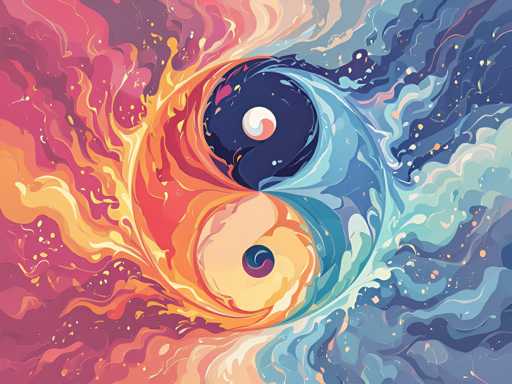 This vibrant and dynamic painting features a central yin-yang symbol, but with a unique twist. The traditional black and white swirls of the yin-yang are replaced by a striking blue and orange palette. The left side of the yin-yang, predominantly orange, resembles a fiery explosion with swirling flames, while the right side, in shades of blue, evokes the image of splashing water. At the core of the symbol, a white circle with a pink swirl sits on the blue side, and a pink circle with a blue swirl adorns the orange side. Surrounding the yin-yang, the background bursts with an array of colors—pinks, purples, reds, yellows, and various shades of blue—creating a sense of movement and energy. The entire composition is reminiscent of a cosmic scene, with the contrasting elements seemingly in perpetual motion, as if they are about to merge or explode. The intricate details and vibrant hues make this painting a captivating visual spectacle.