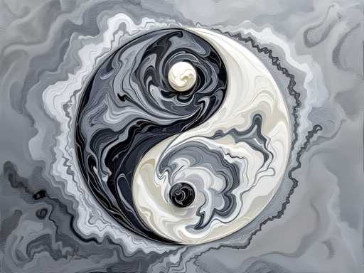 The image depicts an abstract painting featuring a black and white yin-yang symbol with a white center surrounded by swirling lines of varying thicknesses. The background is a gradient transitioning from light to dark gray, creating a sense of depth and dimensionality.