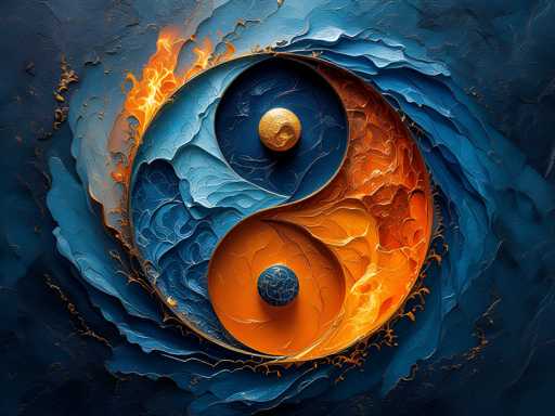The image depicts an abstract painting with a vibrant color palette featuring blue and orange hues. The central focus is a yin-yang symbol composed of two circles - one filled with blue and the other with orange. The yin-yang symbol is surrounded by swirling patterns in shades of blue, creating a sense of movement and dynamism within the composition.