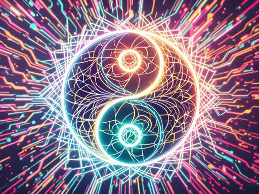 This vibrant, computer-generated image features a central yin-yang symbol, intricately designed with swirling patterns and a glowing white outline. The yin-yang is divided into two distinct halves: the top half is a radiant orange, while the bottom half is a deep blue. Both halves contain smaller circles at their centers, adding to the complexity of the design. Surrounding the yin-yang is a dynamic burst of neon colors—pink, blue, yellow, and orange—that radiate outward, creating a sense of movement and energy. The background is a stark black, which enhances the vividness of the neon hues. Additionally, there are white lines that crisscross the image, adding layers of depth and texture. The overall effect is a mesmerizing, almost psychedelic visual experience, with the interplay of colors and shapes drawing the viewer's eye to the central yin-yang symbol.