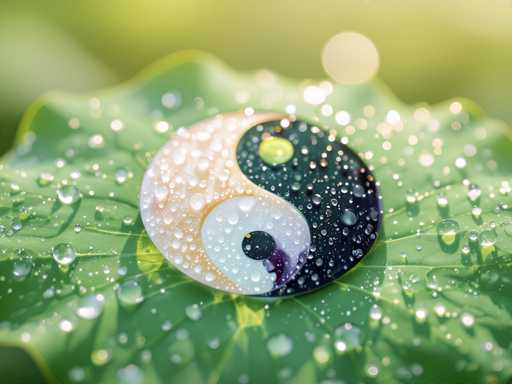 This image features a detailed, close-up view of a yin-yang symbol resting on a large, green leaf adorned with numerous water droplets. The yin-yang, which appears to be made of a shiny material such as metal or glass, is intricately designed with a white and black swirl. The white swirl contains a small black circle, while the black swirl features a tiny white circle. The leaf beneath the yin-yang is vibrant green, with visible veins and a waxy texture, and it is covered in glistening water droplets, suggesting recent rain or watering. The background of the image is blurred, with hints of green and yellow, adding a soft, natural ambiance to the scene. The overall composition is striking, with the yin-yang symbol sharply in focus against the softly blurred, water-dappled leaf.