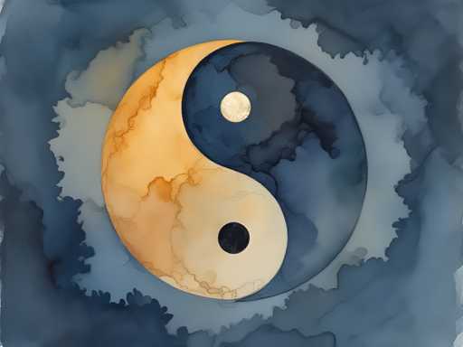 This image features a detailed watercolor painting of a yin-yang symbol at its center. The yin-yang is depicted with a light brown, almost tan, left side and a dark blue, almost black, right side. Each half of the symbol is further divided by a smaller circle: a black circle in the tan section and a white circle in the blue section. Surrounding the yin-yang is a light blue, cloud-like aura that extends outward, blending into darker blue and gray watercolor splotches towards the edges of the image. The overall composition is square, with the yin-yang symbol occupying the central focus, creating a harmonious balance between the contrasting colors and shapes.