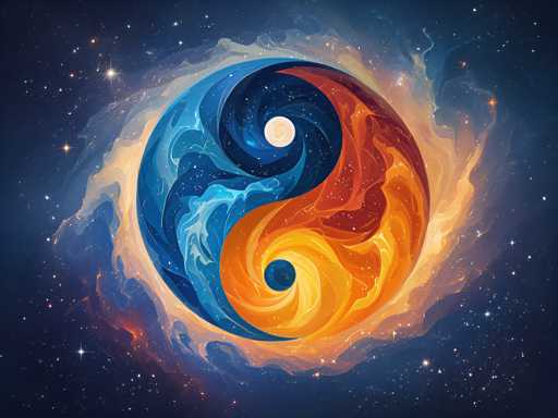 The image depicts a mesmerizing, computer-generated scene set against a dark blue, star-studded background. At the center of the composition is a large, swirling yin-yang symbol, which appears to be crafted from the very essence of the cosmos. The swirls of blue and orange intertwine seamlessly, with the blue side featuring a white dot at its core and the orange side showcasing a blue dot. Surrounding the yin-yang is a radiant, cloud-like aura that glows with hues of yellow, orange, and white, reminiscent of a nebula or a galaxy. This ethereal glow adds a sense of depth and mystique to the image, making it appear as though the yin-yang is floating in a vast, star-filled universe. The intricate details and vibrant colors suggest that this image was meticulously crafted using advanced digital tools, possibly AI-generated, to create a stunning visual representation of cosmic harmony and balance.